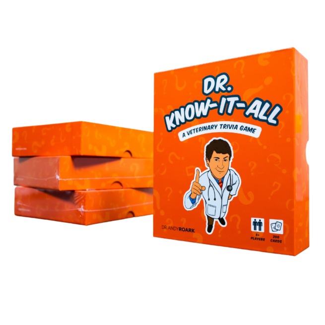 Image of stack of Dr. Know-It-All card game boxes