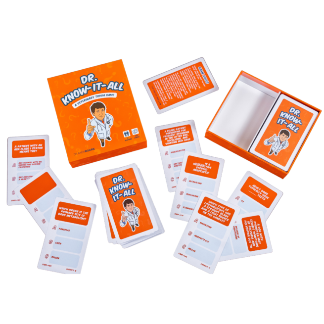 Dr. Know-It-All Card Game product image showing game box cover, open box, and selection of game cards