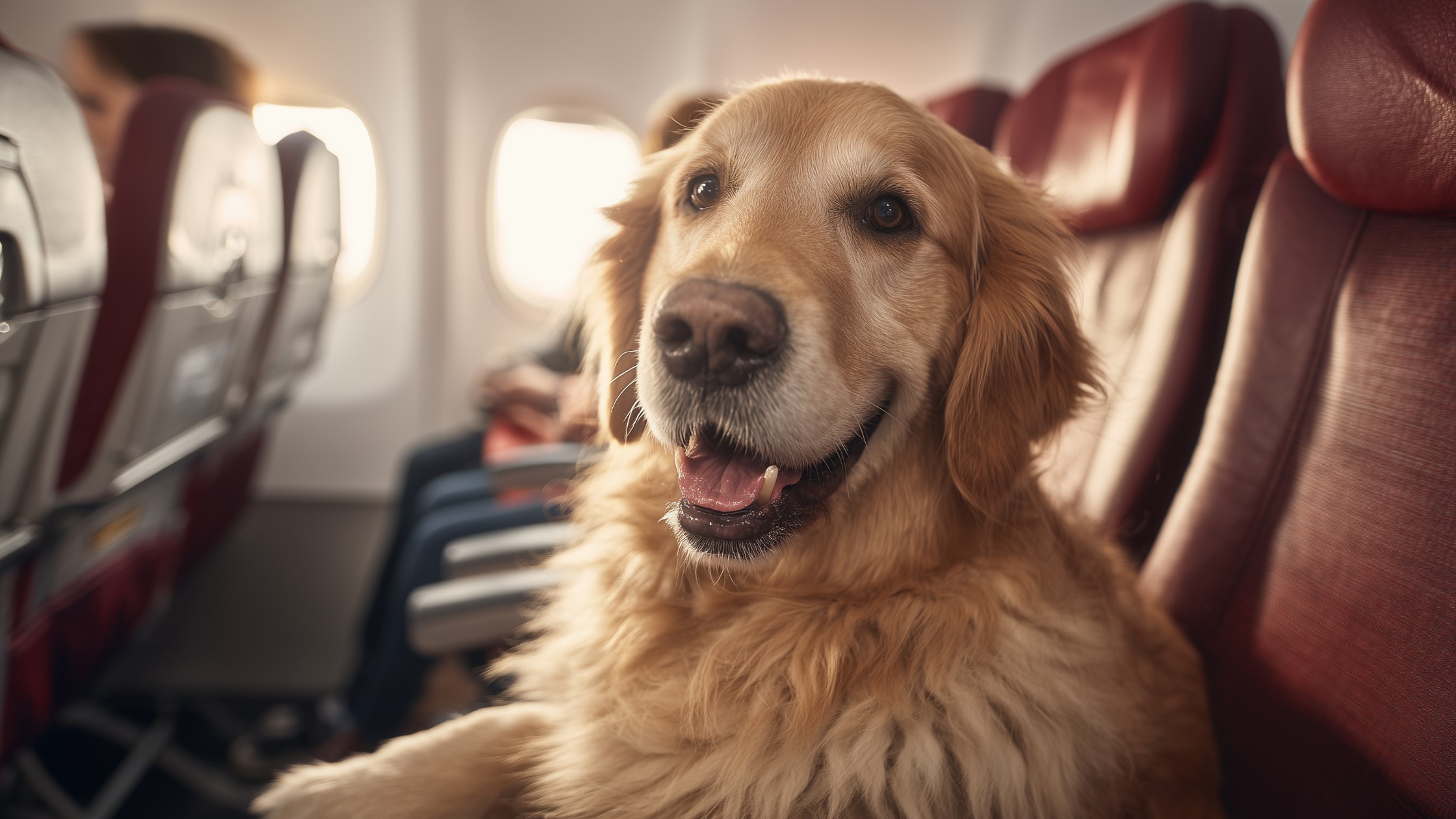 golden retriever dog sitting on airplane seat