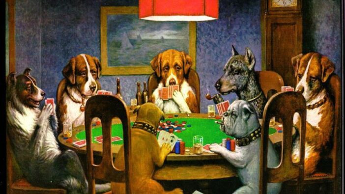 dogs gambling playing card game