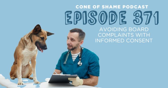 dog looking over paperwork clipboard with veterinarian