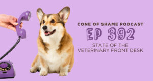 doctor holding purple corded phone up to the ear of a corgi dog