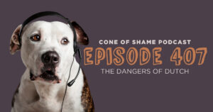 dog wearing telephone headset and looking worried