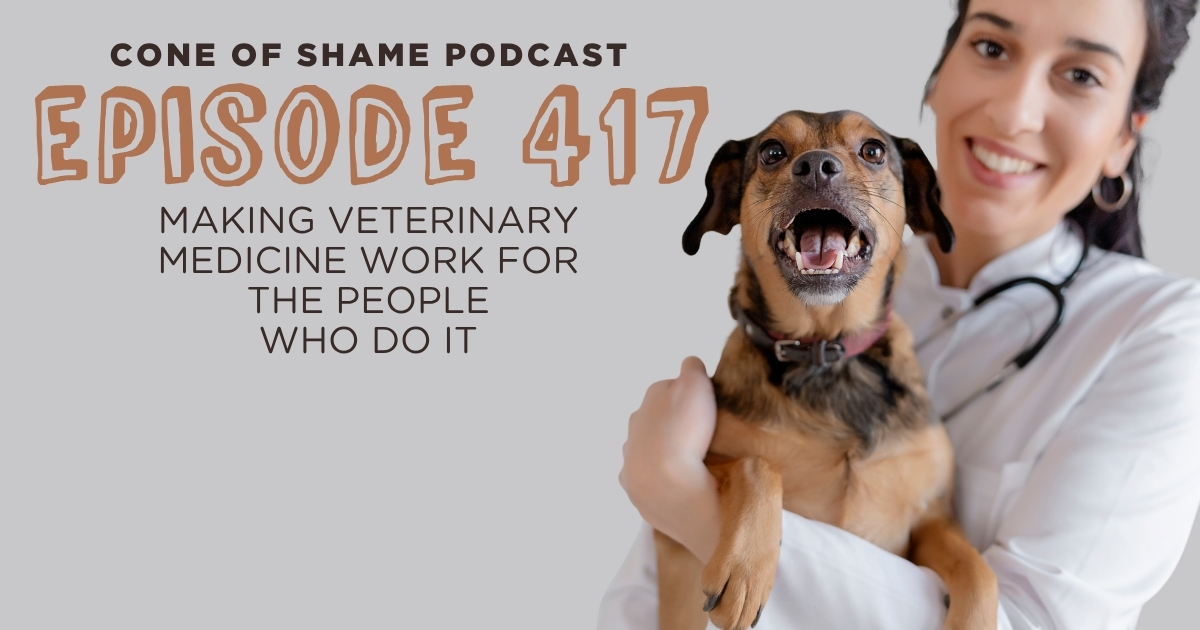 veterinarian smiling holding dog who is also smiling