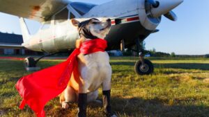 dog wearing cap and red cape standing in front of airplane